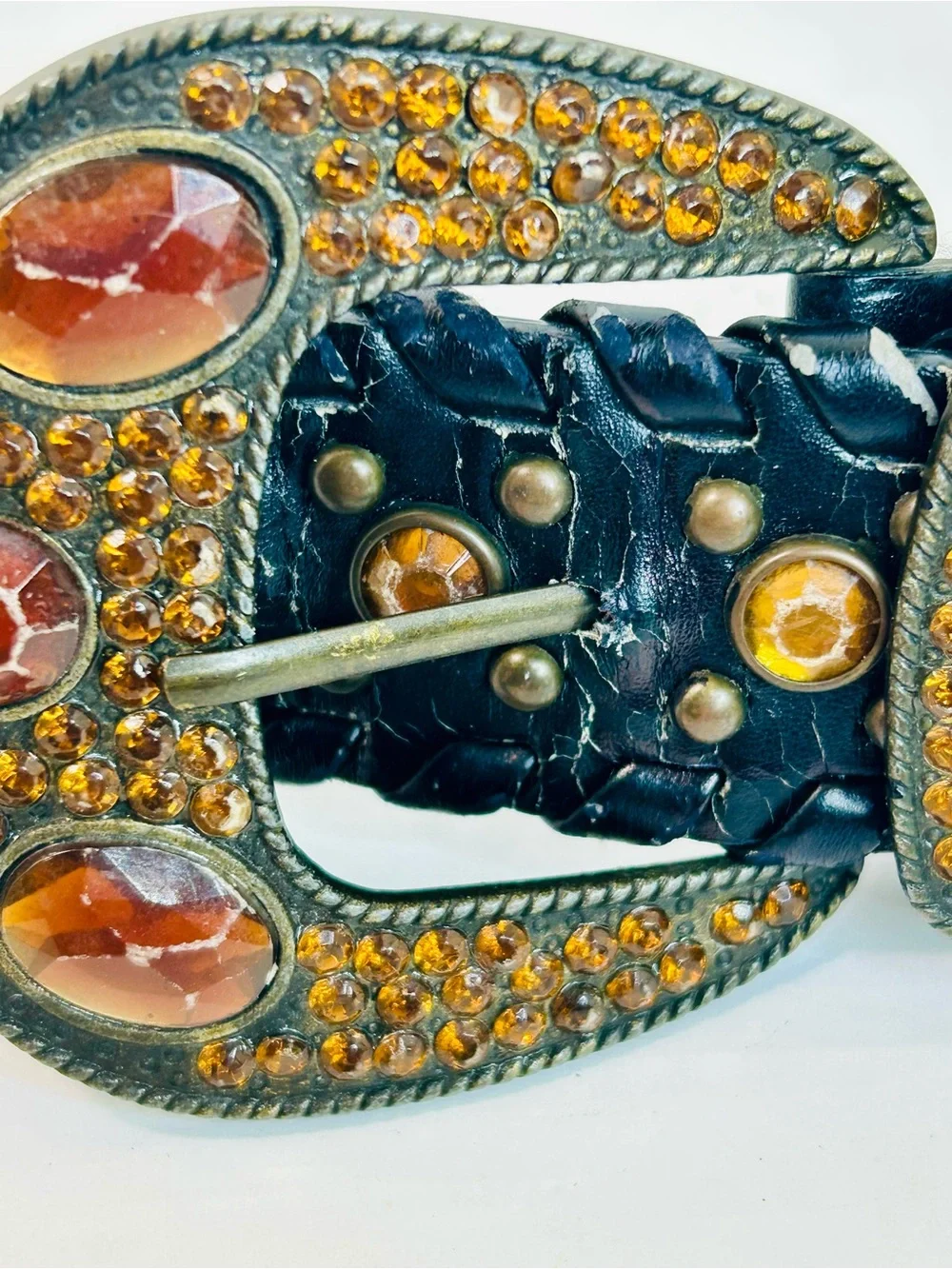 Western Rhinestone Whipstitch Belt with Orange Stones and Black Faux Leather